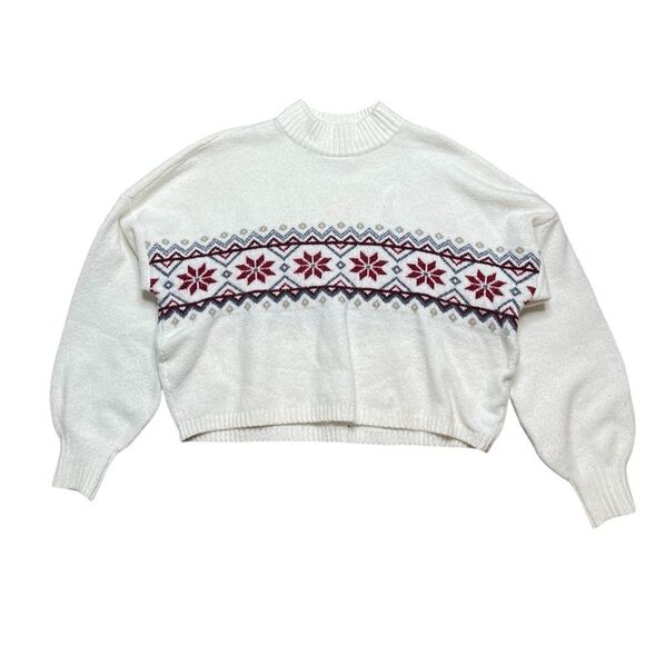 HOLLISTER Cropped Fair Isle Sweater White Size Medium - Picture 1 of 5